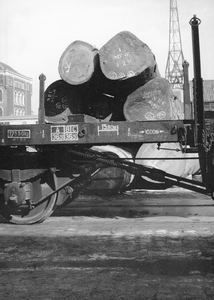171041 Afbeelding van het vervoer van boomstammen per spoor te Rotterdam.